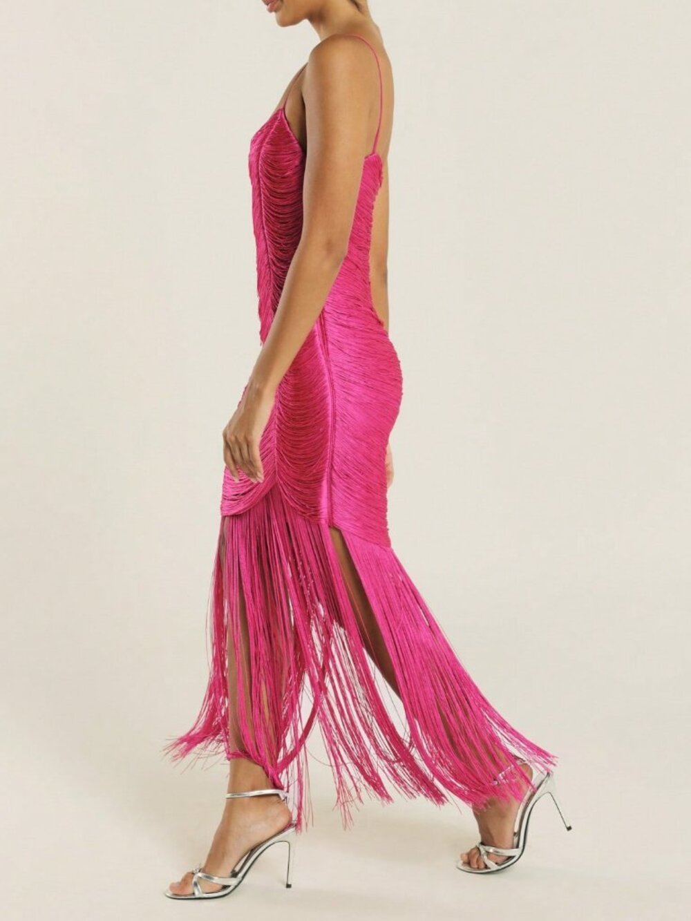Hot Pink Ruched Midi Women's Dress with Fringe Hem Spaghetti Strap - Picture 3 of 8